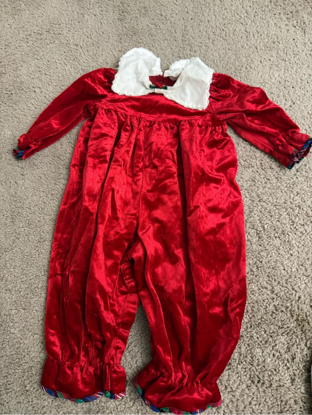 Polly Flinders VTG 90s Red Velvet Romper 18 Month Christmas Plaid Tartan Trim